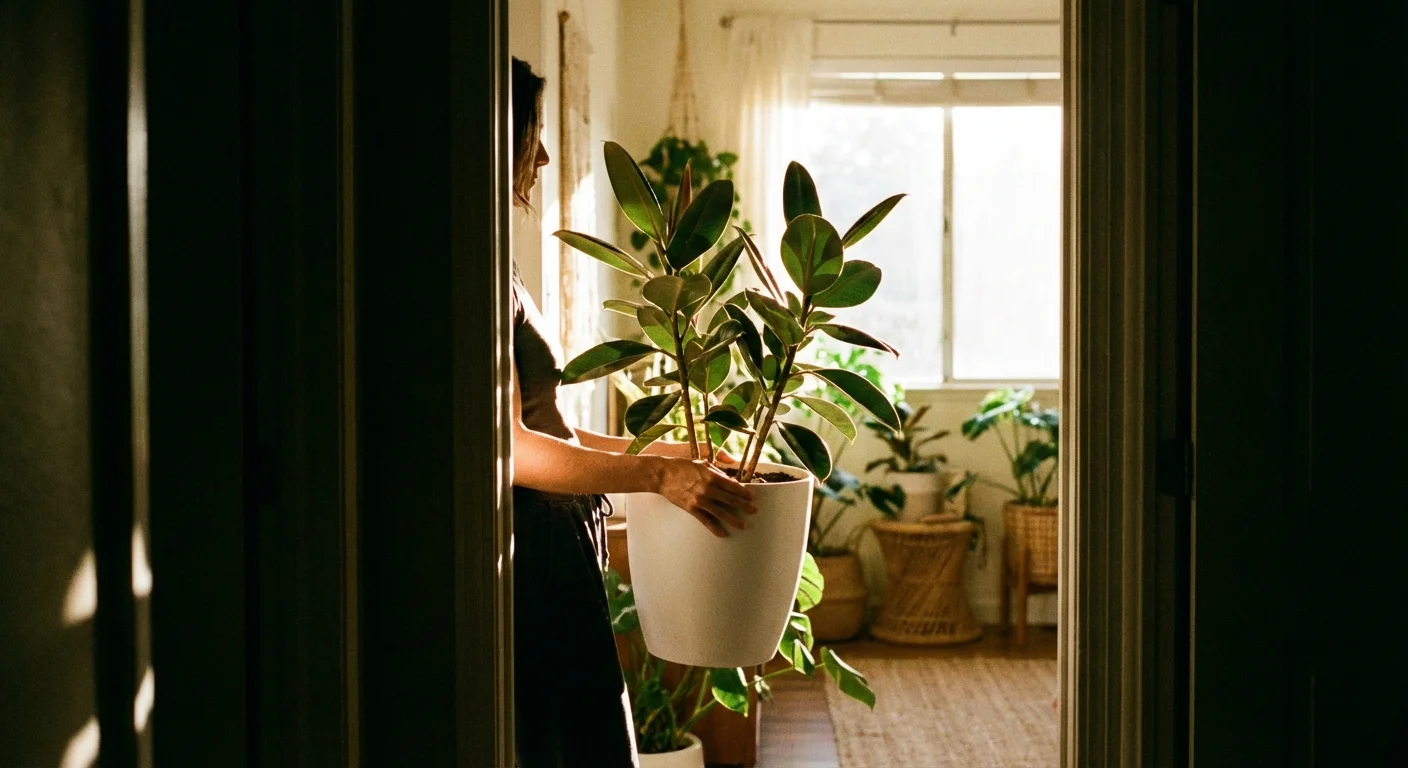 A person moving a potted Rubber Plant from a dark room to a brighter area.