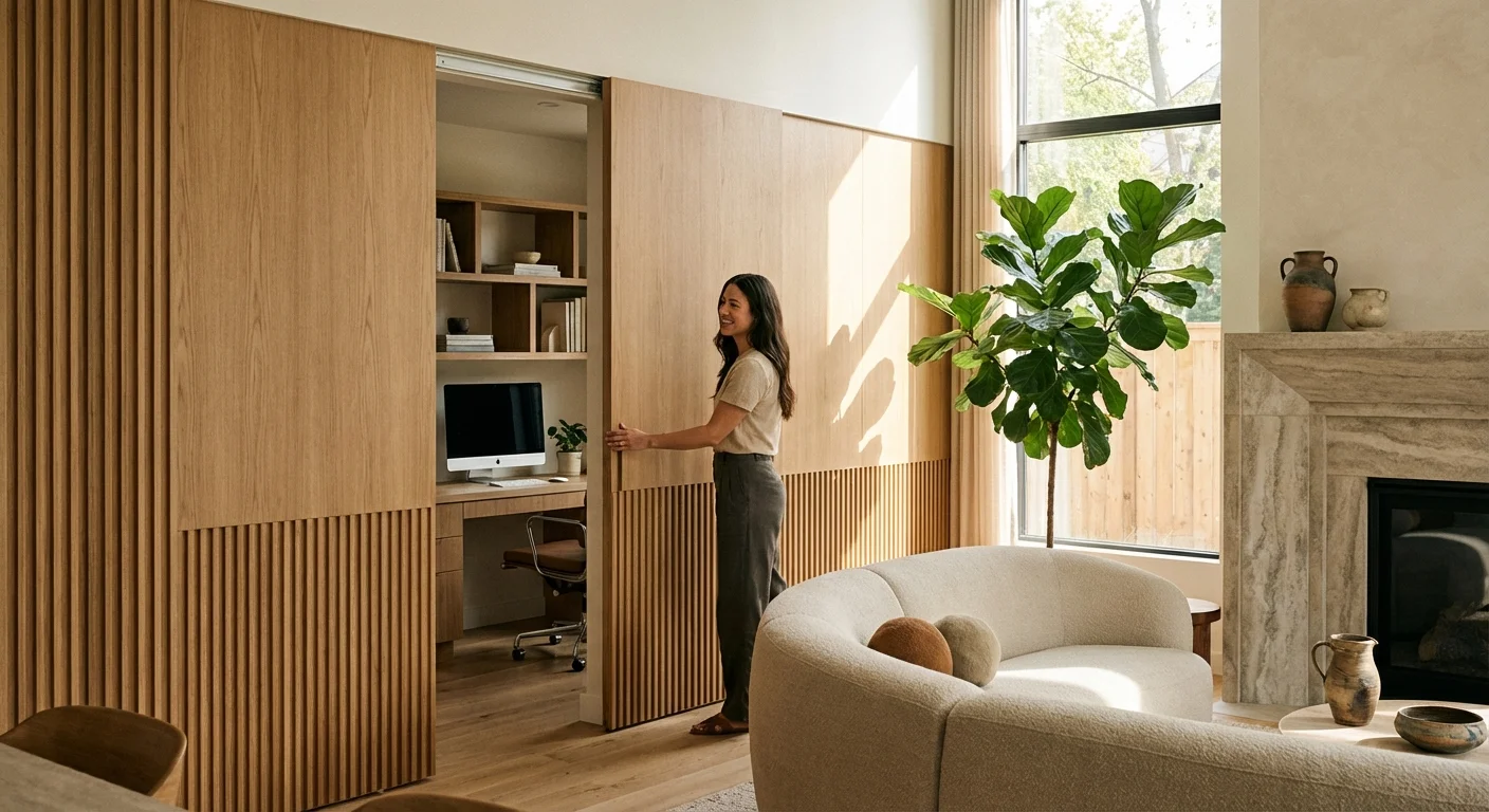 A person opening a seamless wall panel to reveal a hidden home office in a modern living room.