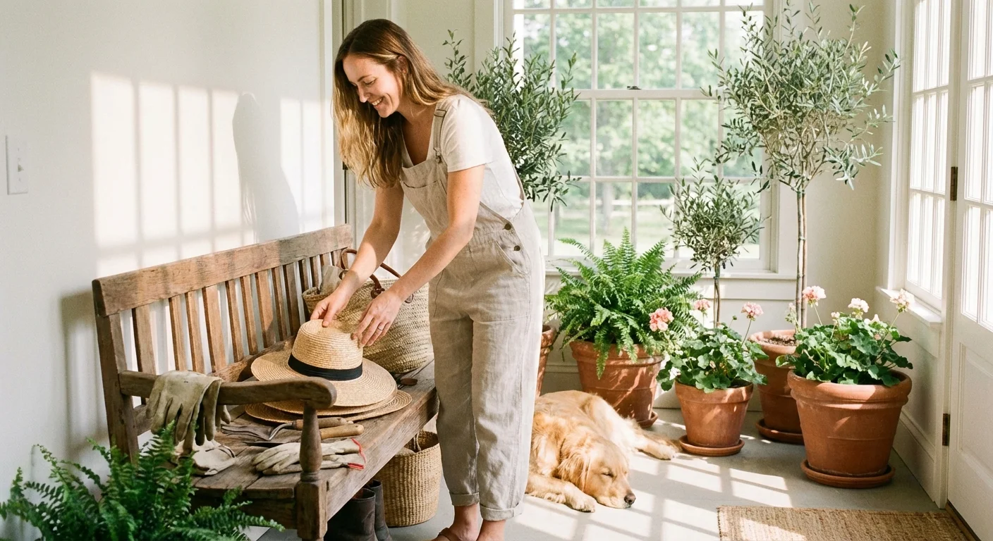 A person organizing a sun-drenched entryway with summer accessories and gardening tools.