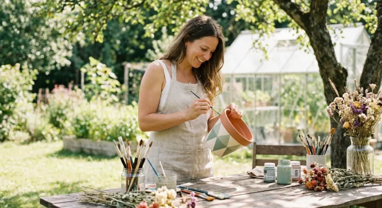 A person painting a terracotta pot with geometric patterns in a sunlit garden studio.