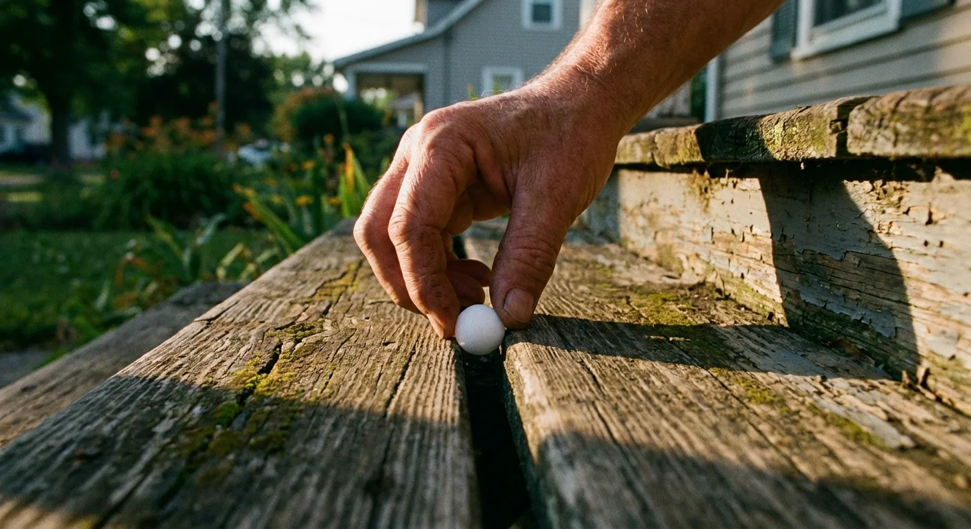 A person placing a mothball near a porch to repel insects.