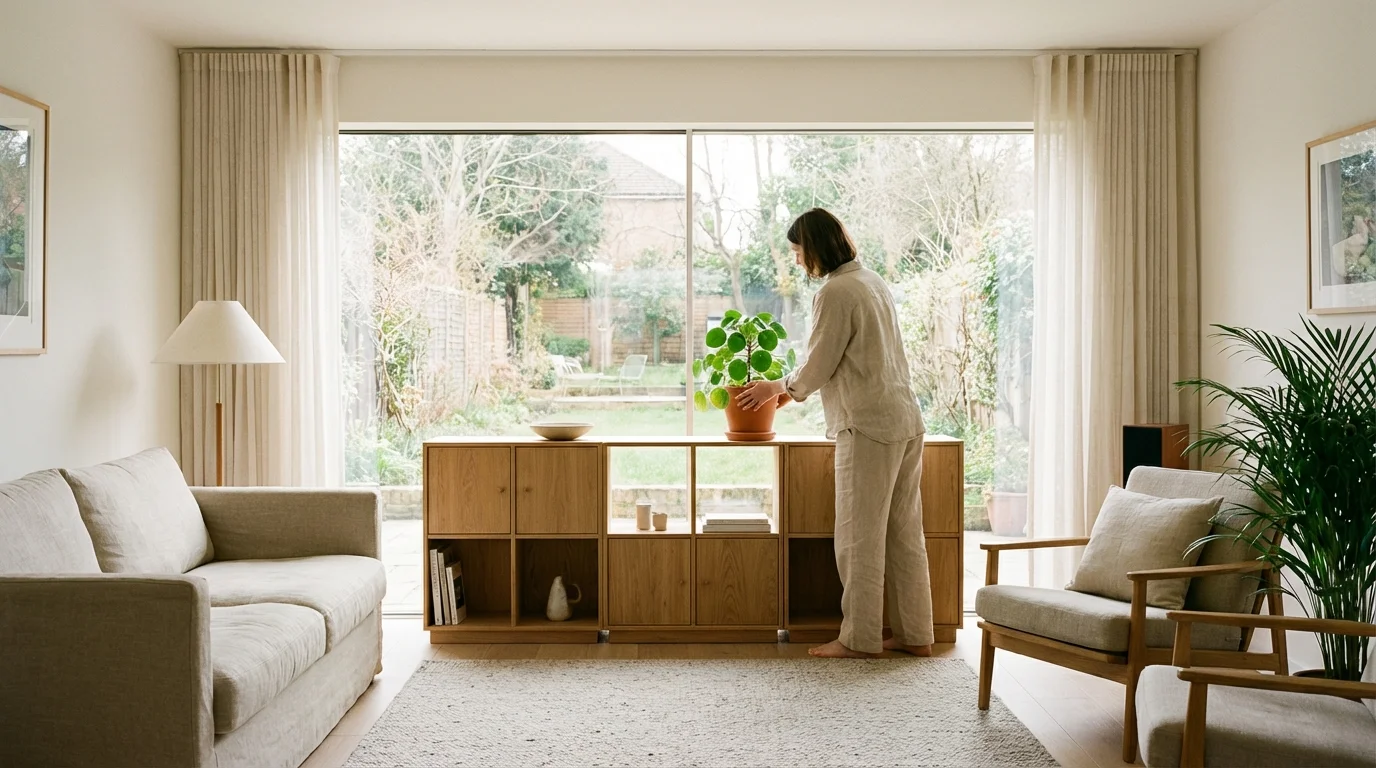 A person placing a Pilea plant on a shelf in a brightly lit, modern room.