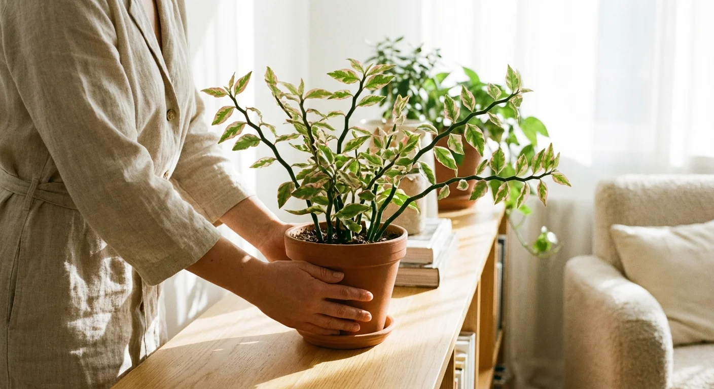 A person placing a potted plant in a bright room with indirect sunlight.
