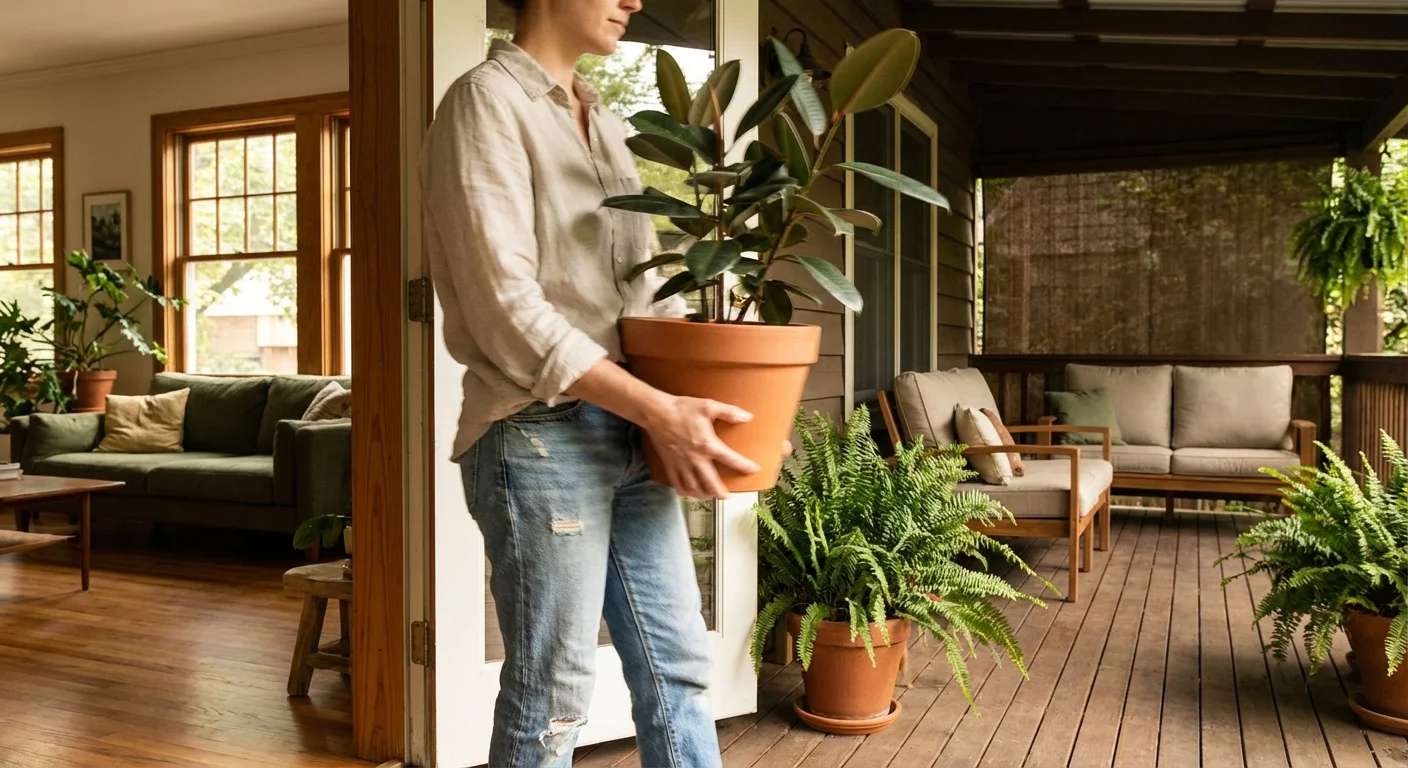 A person placing a potted rubber plant on a shaded porch, transitioning it from indoors to outdoors.