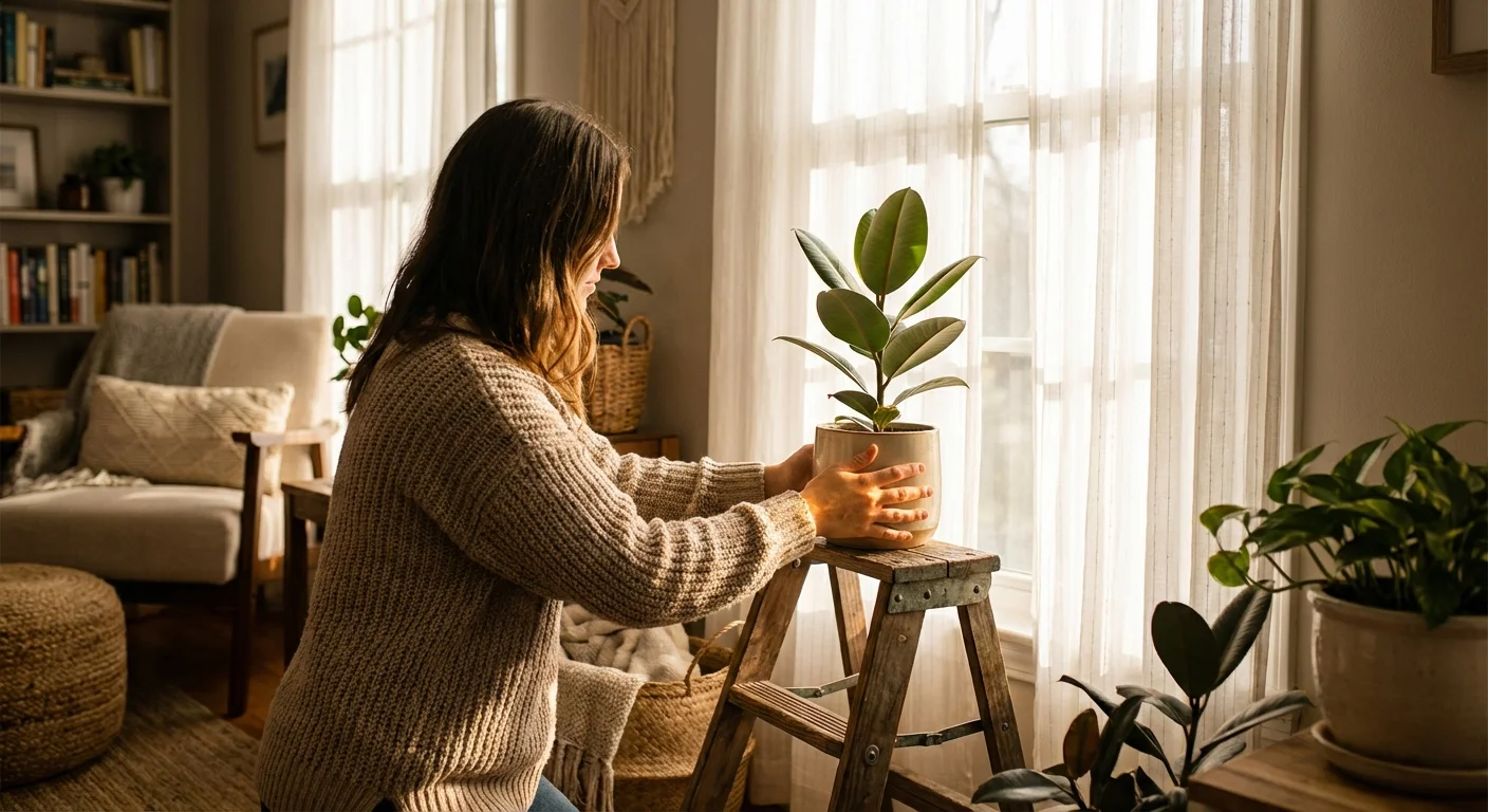 A person placing a Rubber Plant near a window with sheer curtains for indirect light.