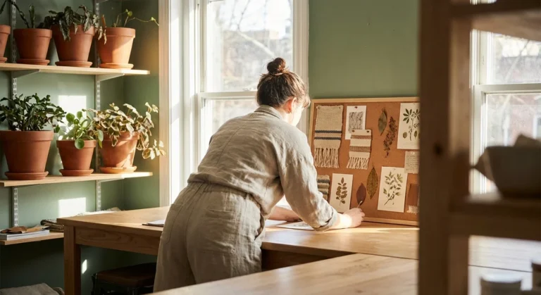 A person planning a DIY home project in a bright, plant-filled workshop with natural lighting.