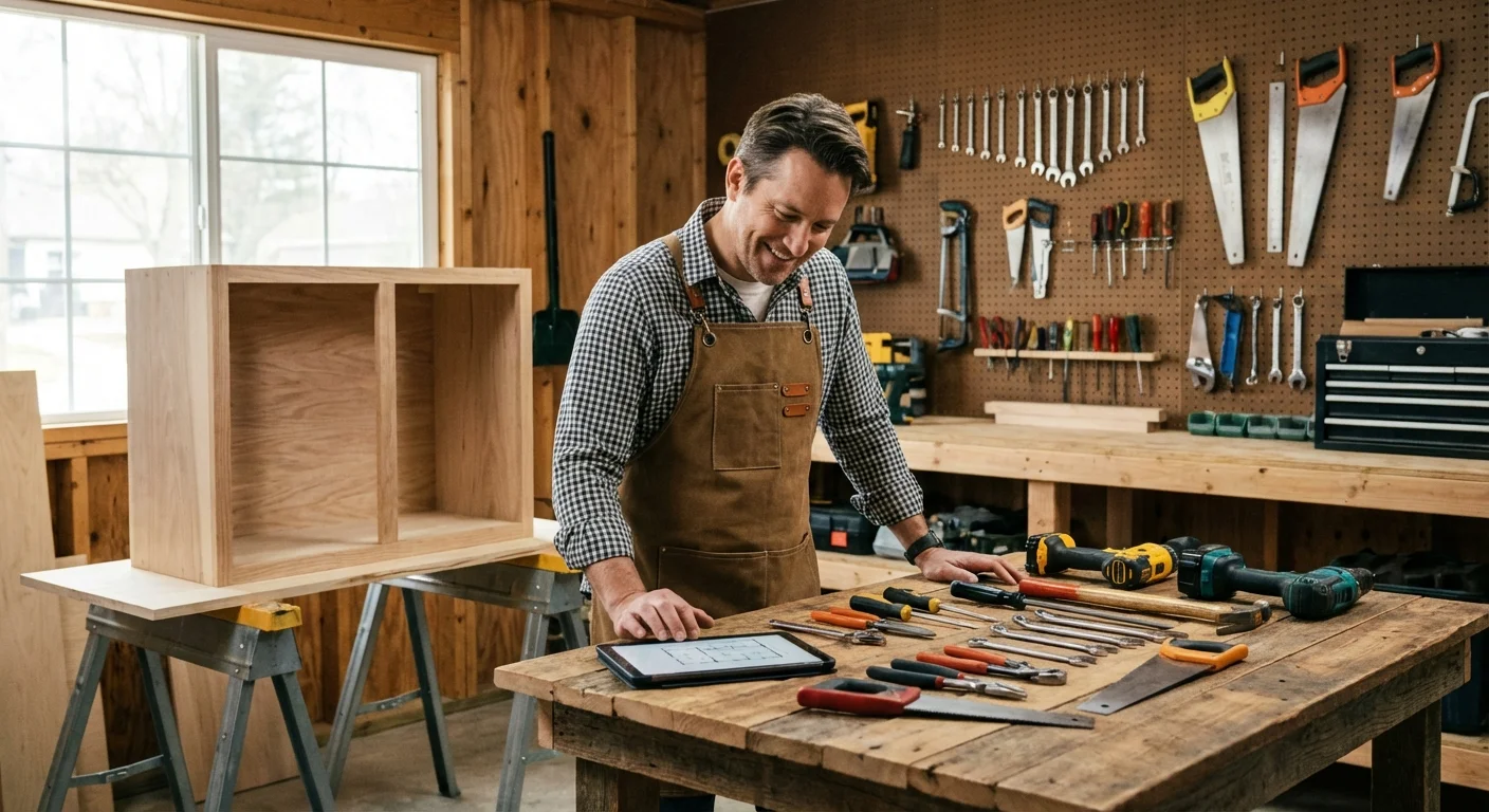 A person planning a garage organization project at a tidy workbench, representing a manageable DIY task.