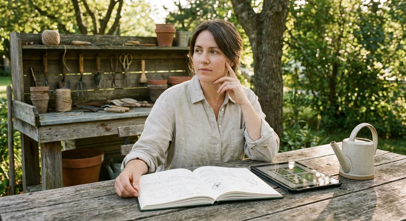 A person planning a home project with gardening tools and a notebook on a wooden table.