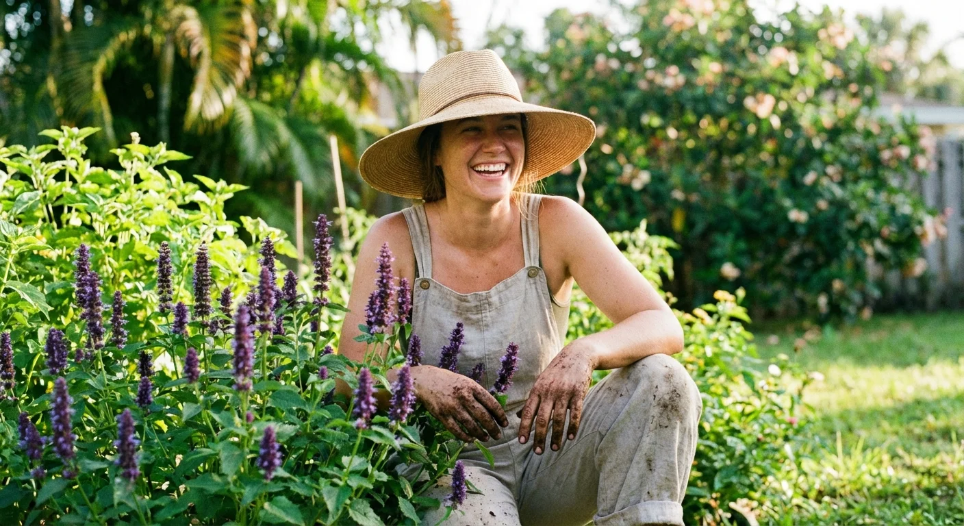 A person planting perennials in a sunny garden, representing the joy of Florida gardening.