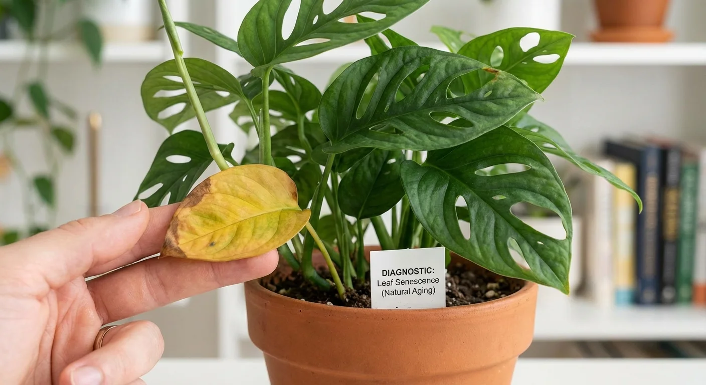 A person pointing to a yellow leaf on an otherwise healthy pothos plant.