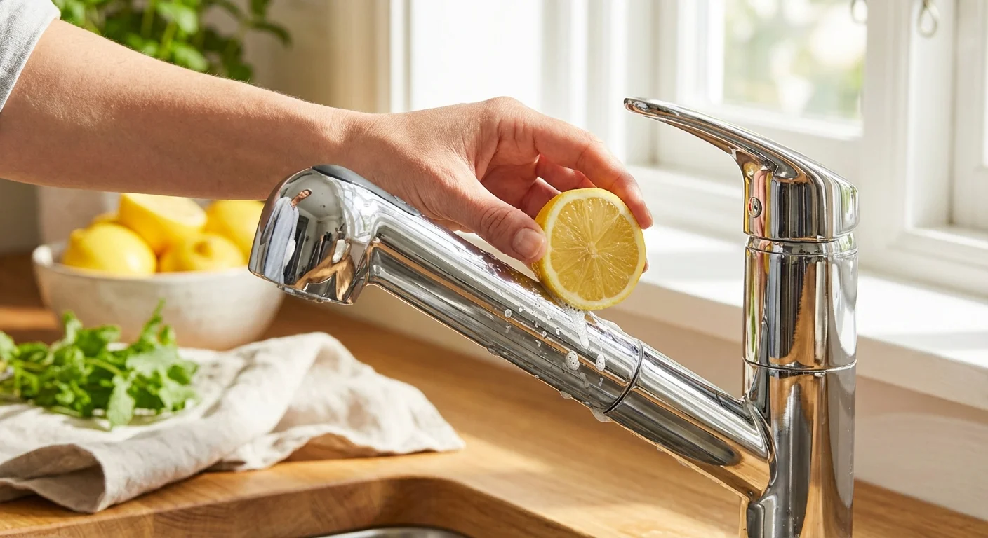 A person polishing a shiny chrome faucet with a lemon half in a bright kitchen.