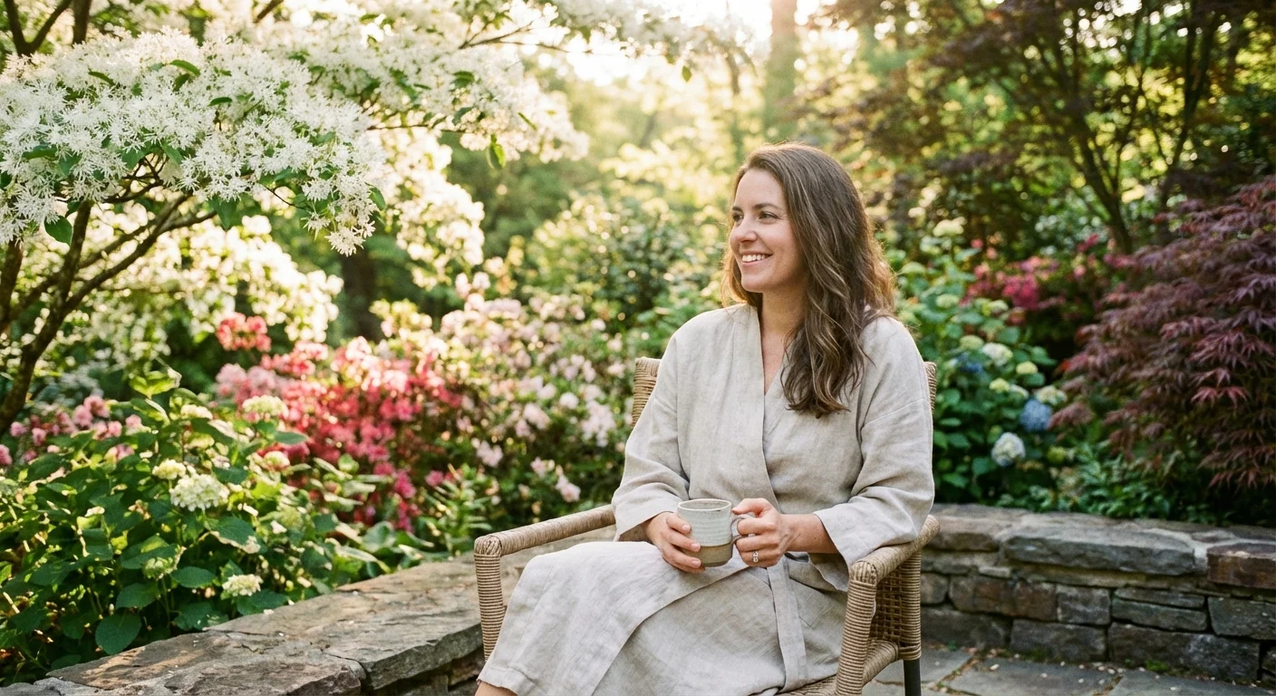 A person relaxing in a beautiful garden surrounded by colorful trees and morning light.