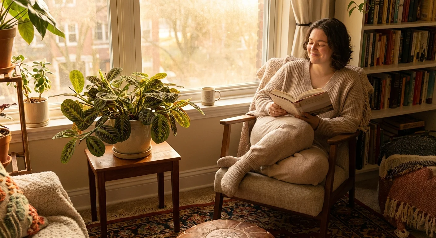 A person relaxing in a cozy, plant-filled room with soft sunlight.