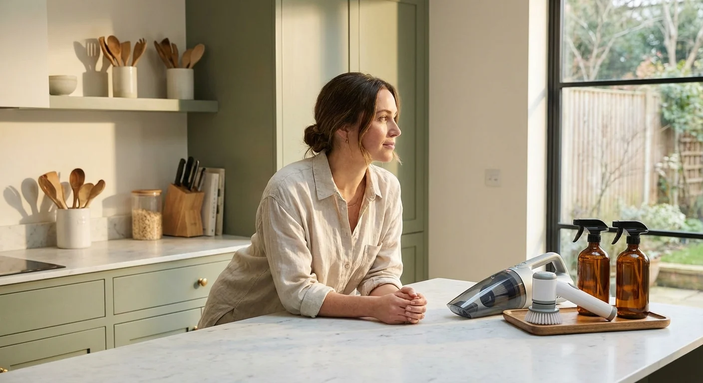 A person relaxing in a sunlit, clean kitchen next to modern cleaning equipment and potted plants.
