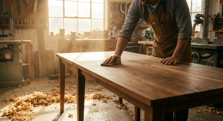 A person sanding a handmade wooden table in a bright, sunlit mid-century workshop.