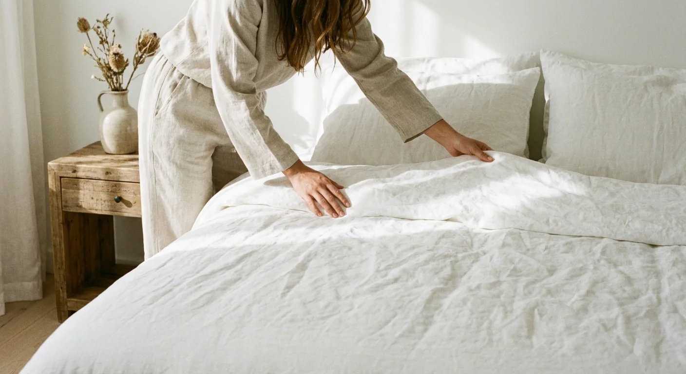 A person smoothing out crisp white bedding in a bright, organized, modern bedroom.