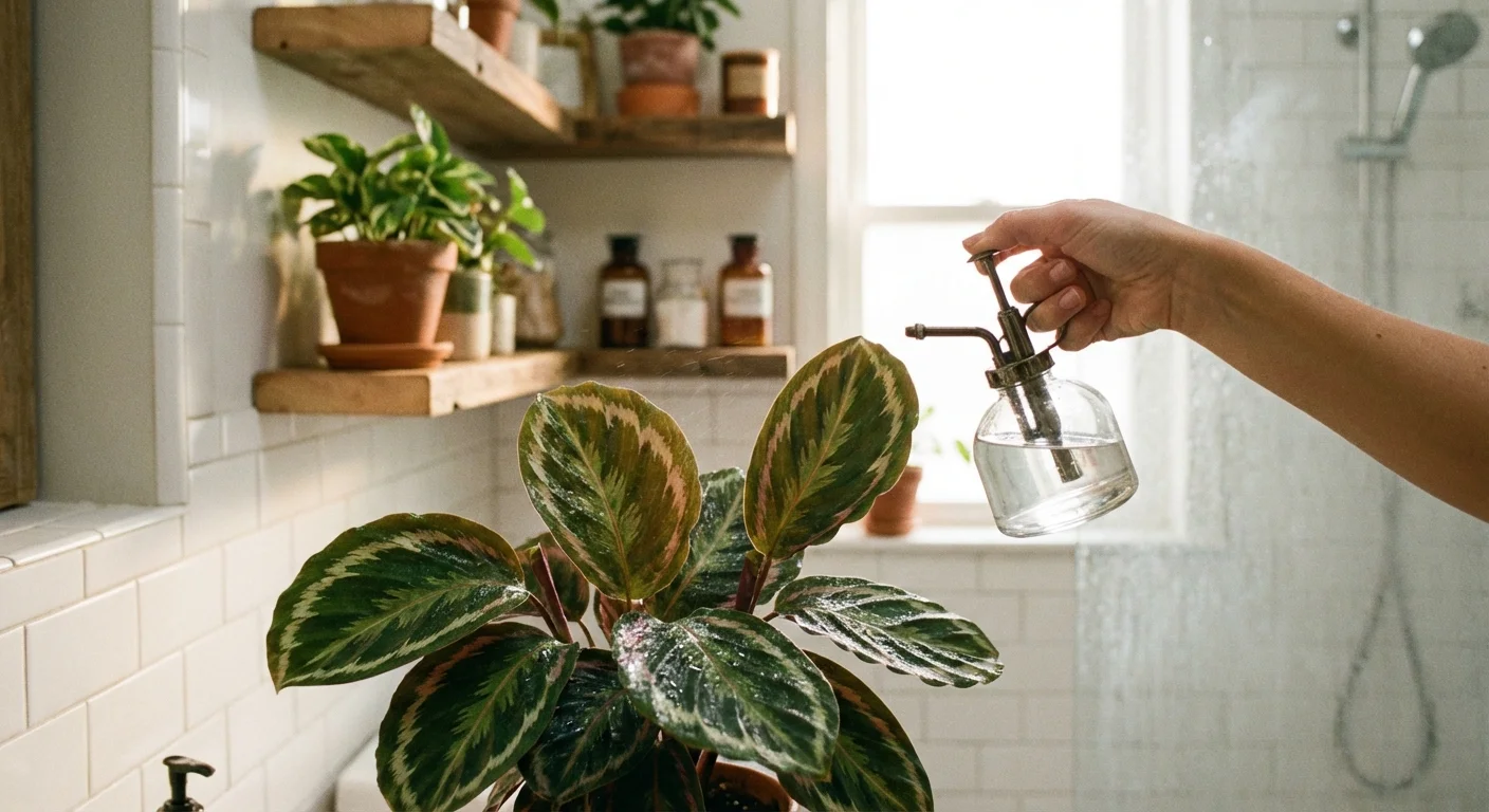 A person tending to a vibrant Calathea plant in a bright, modern bathroom setting.