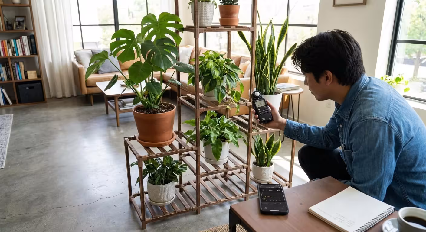 A person using a light meter app on their phone to measure brightness near a plant.