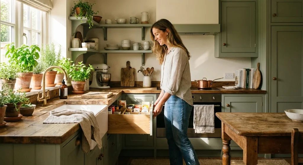 A person using a pull-out pantry drawer in a bright, plant-filled kitchen.
