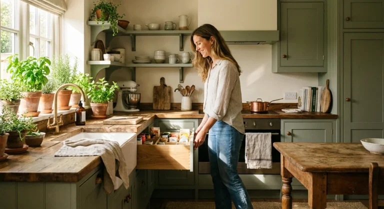 A person using a pull-out pantry drawer in a bright, plant-filled kitchen.