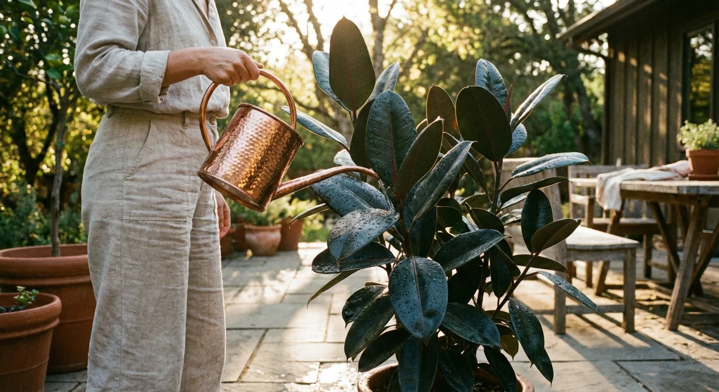 A person watering a rubber plant with a copper watering can on a patio.