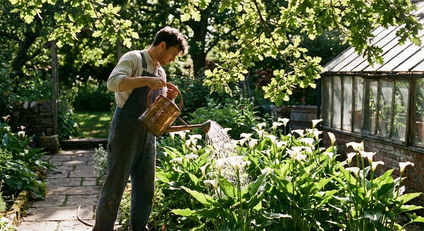 A person watering Calla Lilies with a metal watering can.