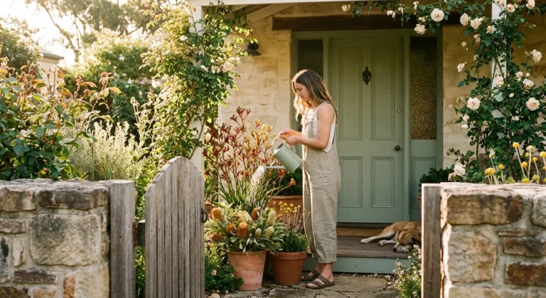A person watering plants by a beautiful home entrance with a sage green door in soft golden sunlight.