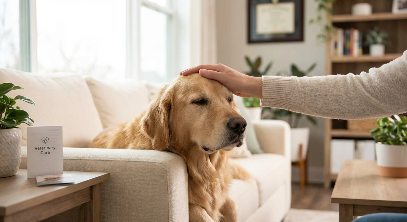 A person's hand petting a dog's head in a comforting way.