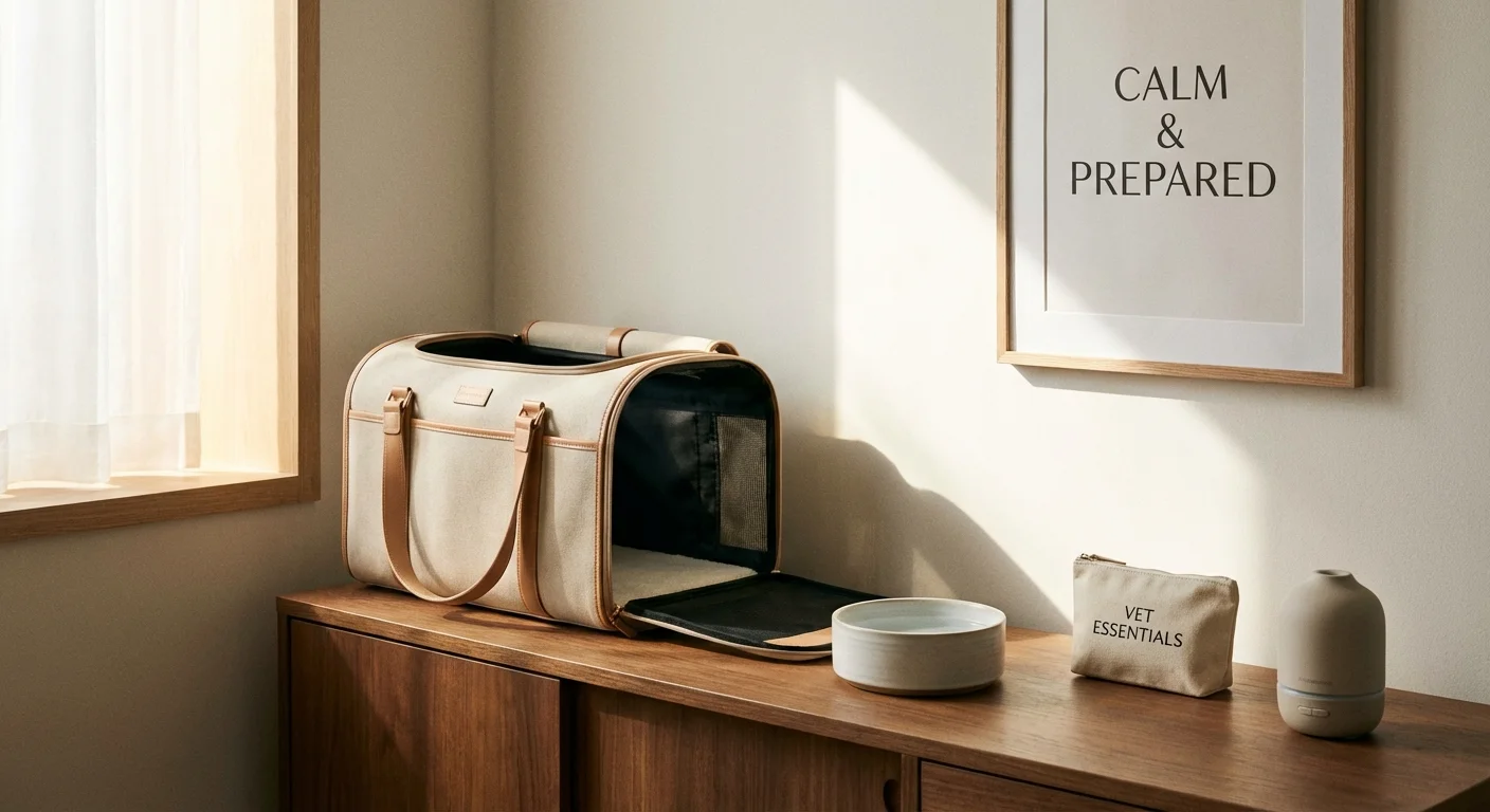 A pet carrier and a water bowl in a bright room, ready for a vet visit.
