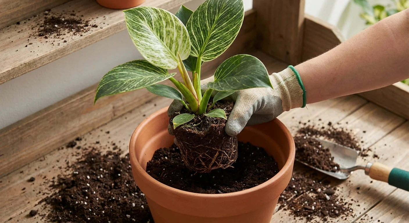 A Philodendron Birkin being repotted into a larger terracotta pot with fresh soil.