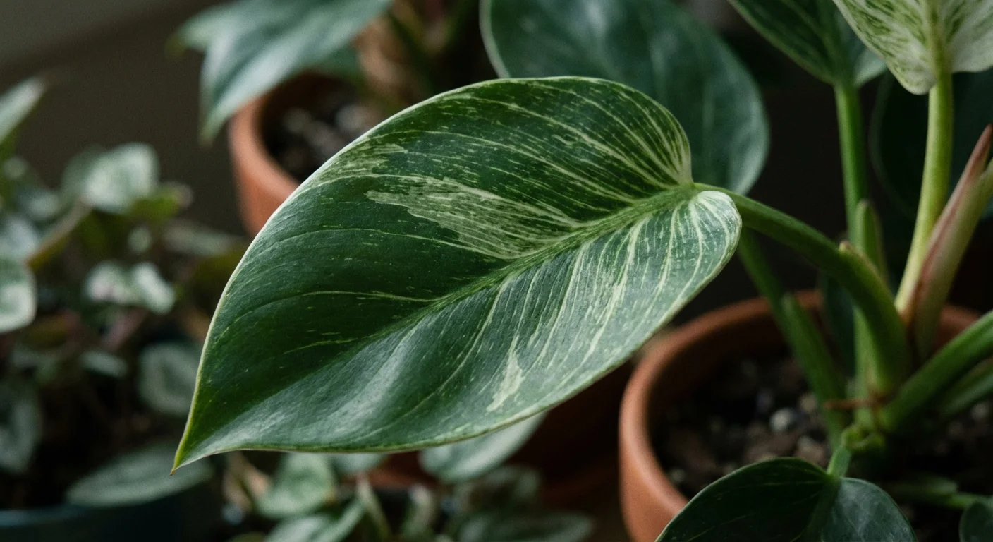 A Philodendron Birkin leaf showing signs of reverting to solid green.