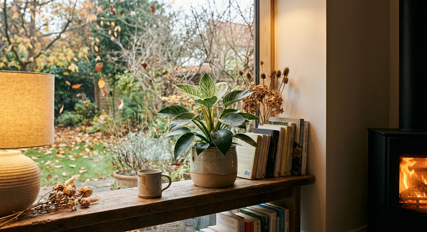 A Philodendron Birkin on a shelf, styled for a cozy indoor seasonal transition.