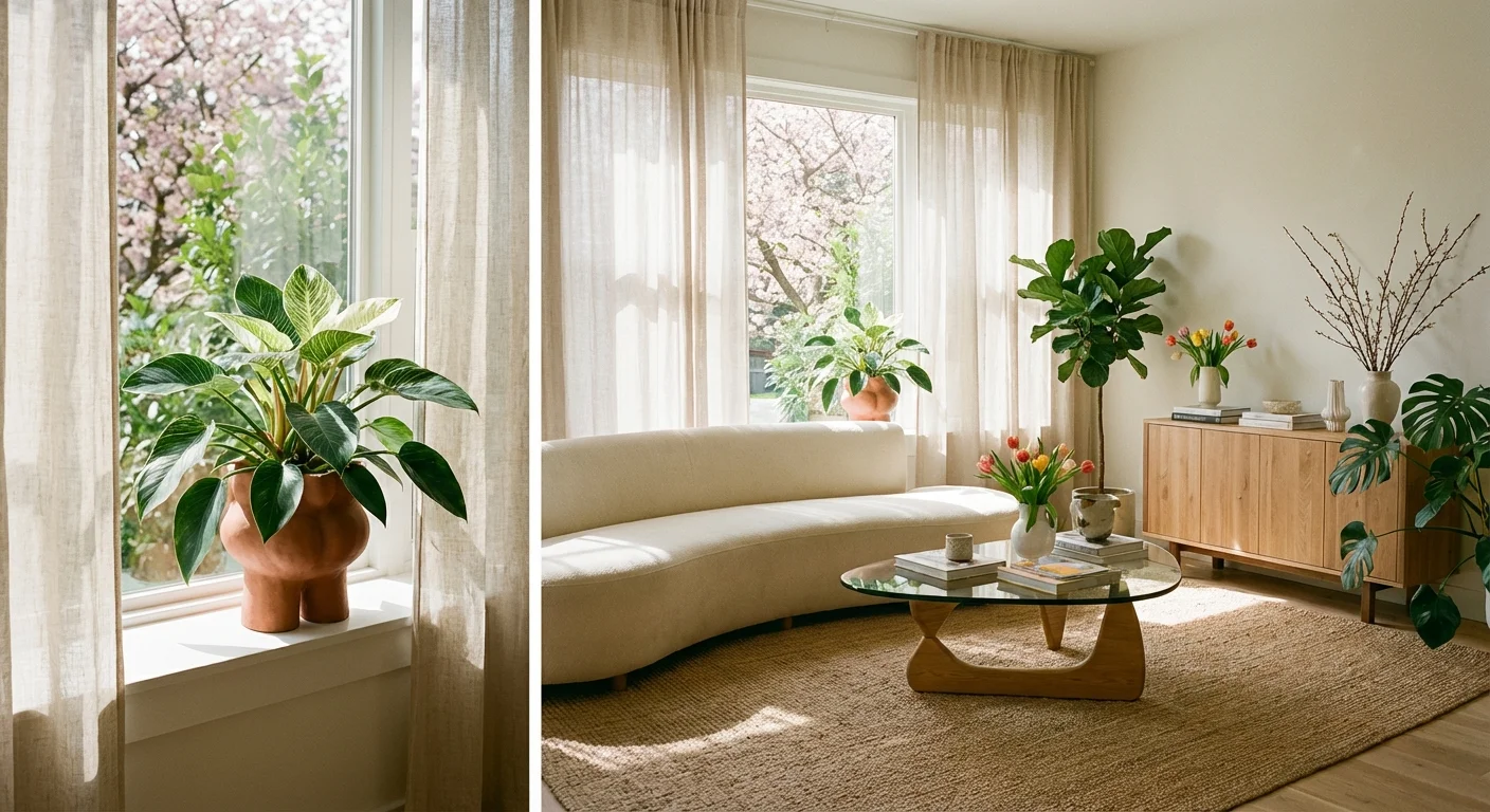 A Philodendron Birkin plant on a sunny window sill during the spring season.