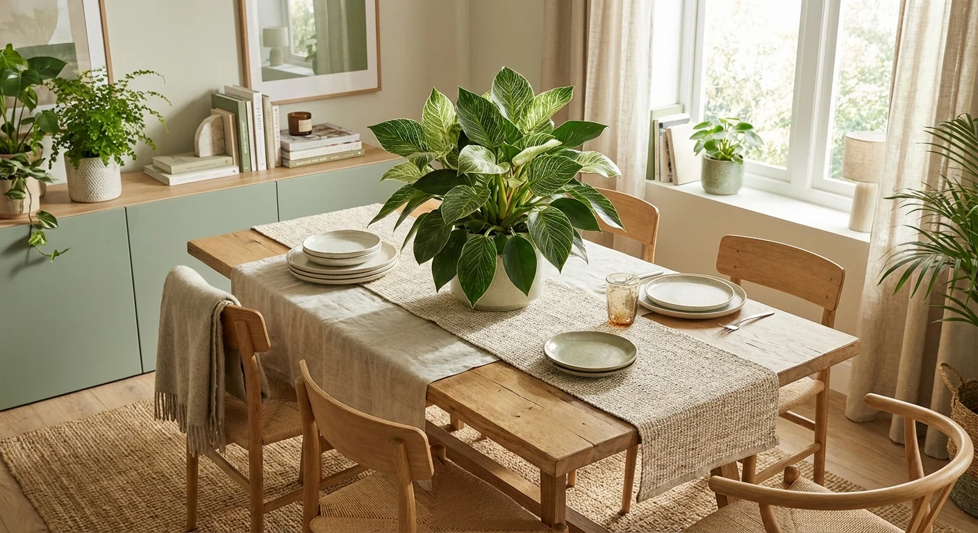 A Philodendron Birkin plant used as a centerpiece in a modern, stylish dining room.