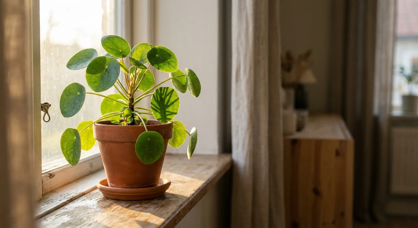 A Pilea plant on a windowsill bathed in soft morning sunlight.