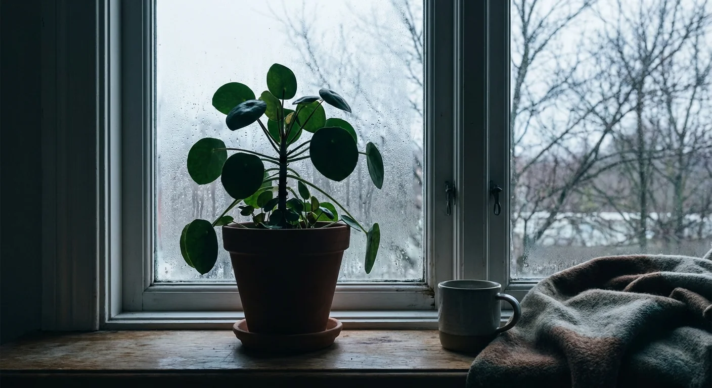 A Pilea plant on a windowsill, illustrating environmental causes for leaf drop.