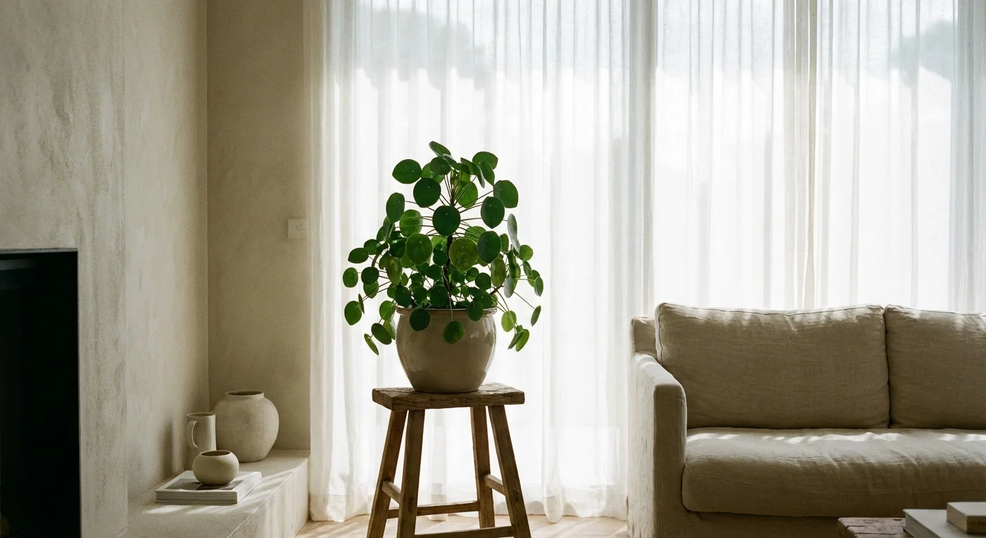 A Pilea plant placed near a window with sheer curtains for filtered light.