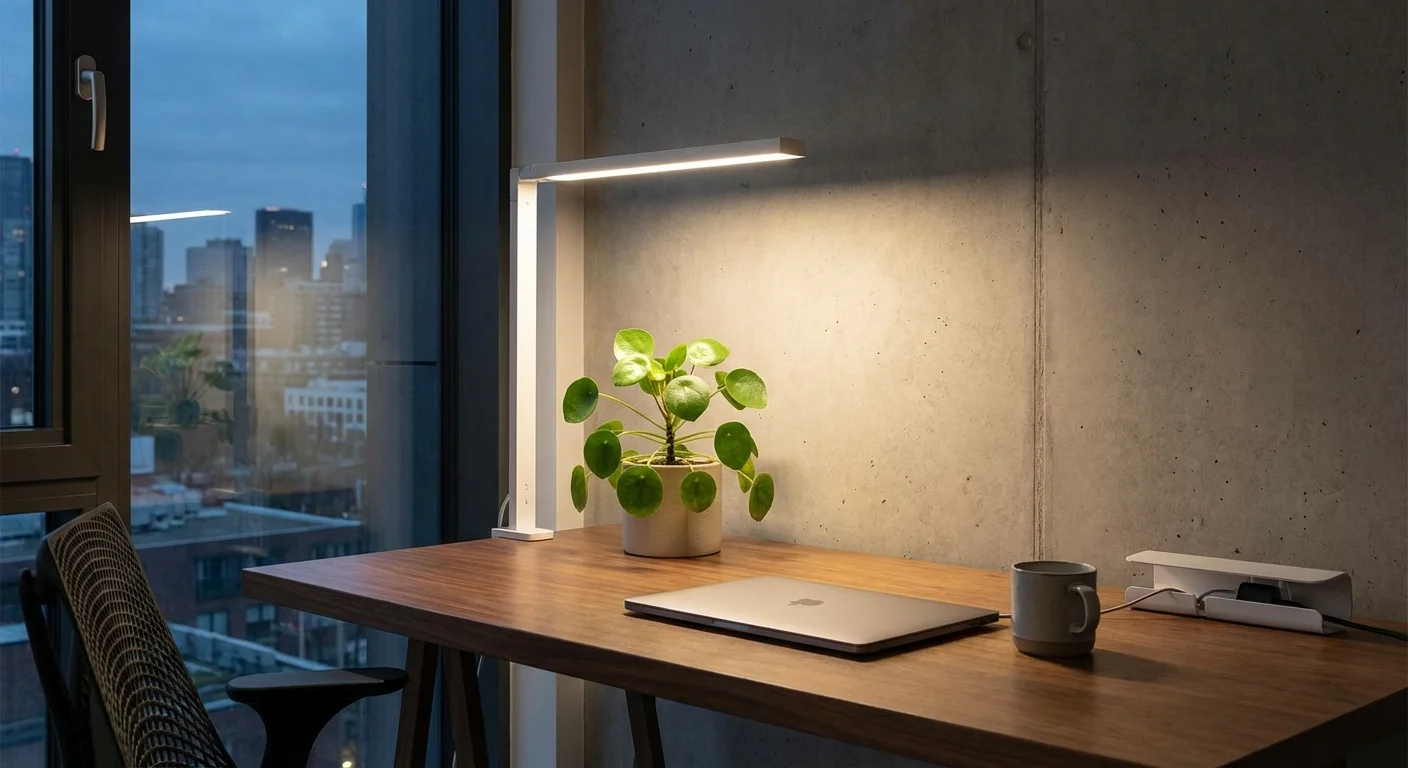 A Pilea plant sitting under a modern LED grow light on a desk.