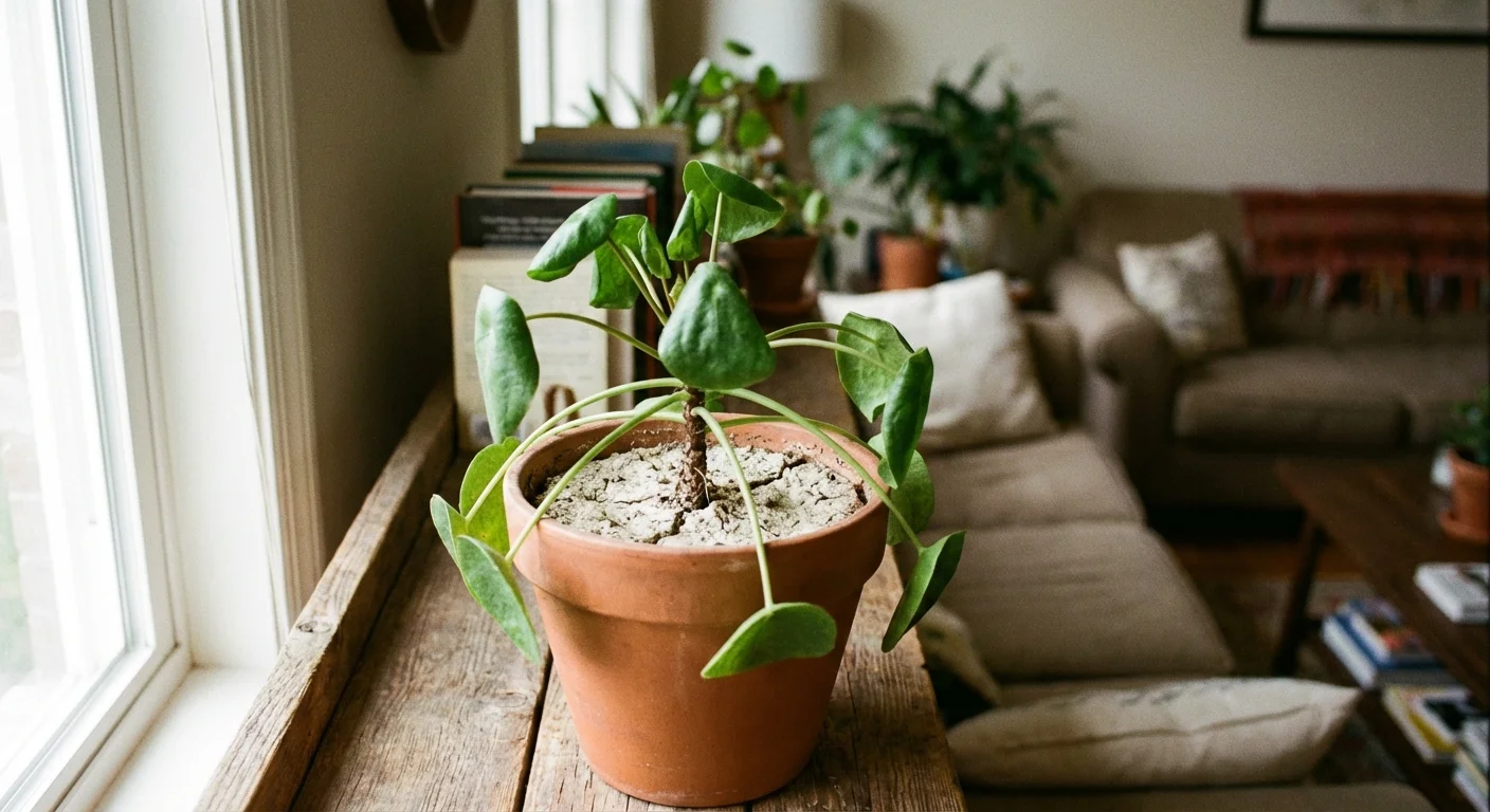 A Pilea plant with drooping leaves, indicating it is thirsty.