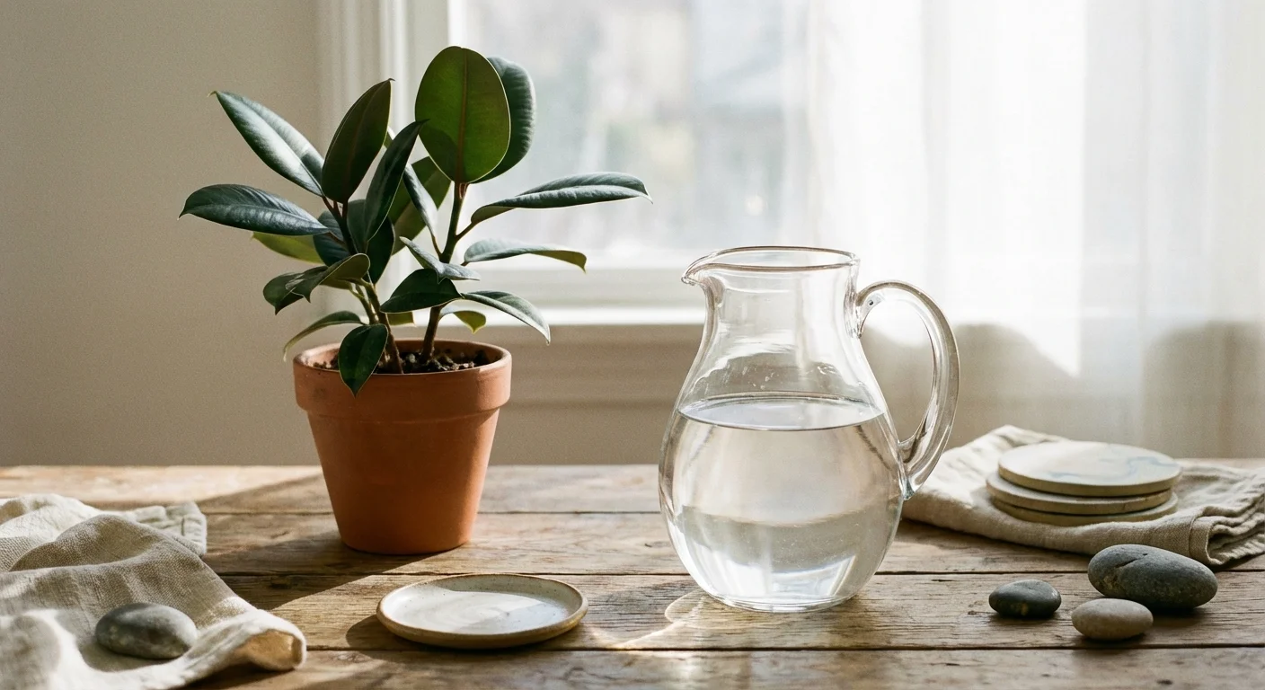 A pitcher of clean water ready for watering a houseplant.