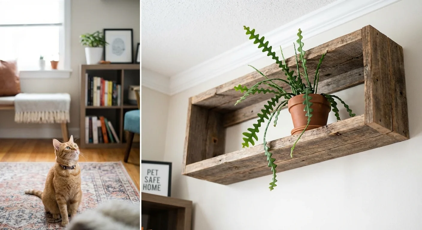 A plant placed safely on a high shelf away from pets.