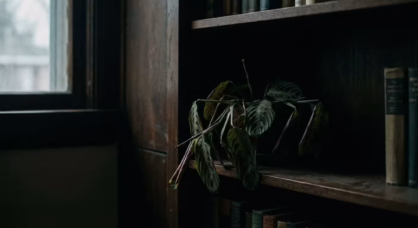 A plant struggling in a dark, shadow-filled corner of a bookshelf.