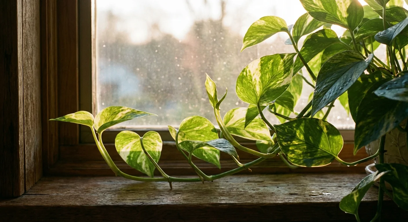 A Pothos plant bathed in spring morning light on a windowsill, signifying the best time for growth.