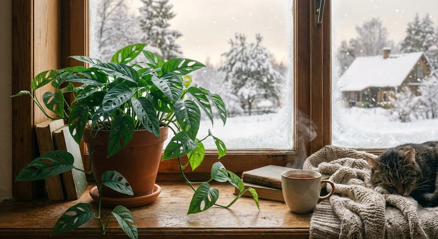 A pothos plant on a windowsill with a snowy winter scene visible outside.