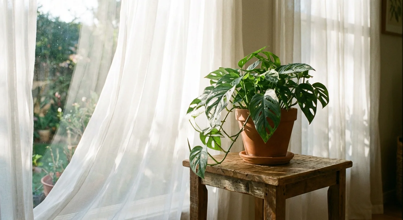 A pothos plant placed near a window with soft, filtered sunlight.