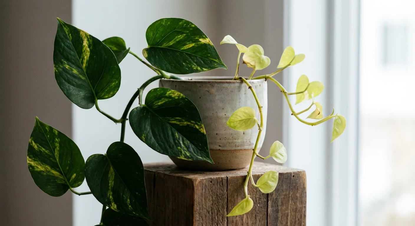 A Pothos plant showing smaller, slightly pale leaves indicating a need for food.