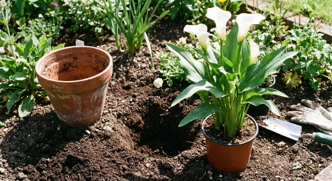 A potted Calla Lily next to a new planting hole in a garden bed.