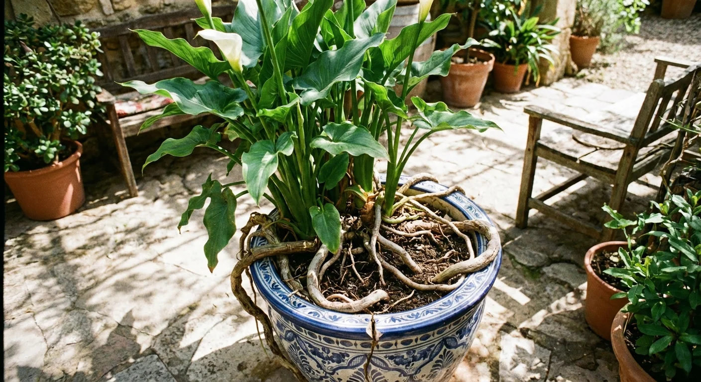 A potted Calla Lily showing signs of being root-bound.