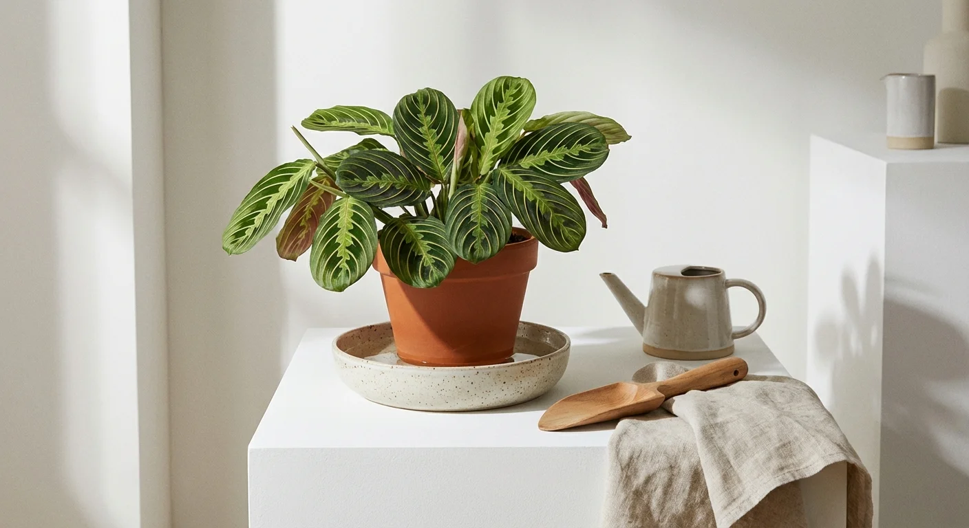 A Prayer Plant being watered from the bottom in a shallow ceramic dish.
