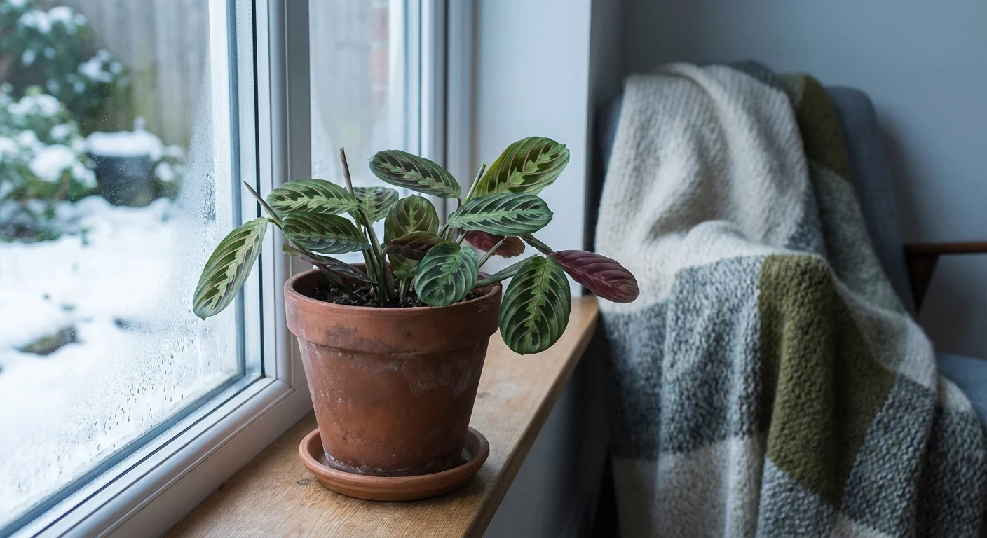 A Prayer Plant in a cozy winter setting, indicating seasonal care changes.